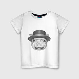 Детская футболка хлопок с принтом Свинка в шляпке в Тюмени, 100% хлопок | круглый вырез горловины, полуприлегающий силуэт, длина до линии бедер | Тематика изображения на принте: breaking bad | во все тяжкие | свинка | свинья | уолтер уайт