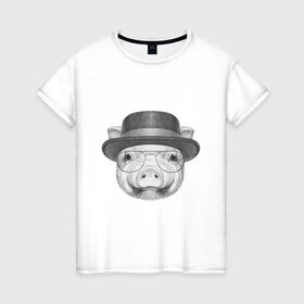 Женская футболка хлопок с принтом Свинка в шляпке в Тюмени, 100% хлопок | прямой крой, круглый вырез горловины, длина до линии бедер, слегка спущенное плечо | breaking bad | во все тяжкие | свинка | свинья | уолтер уайт
