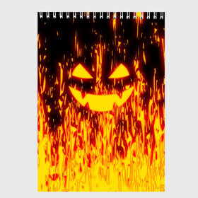 Скетчбук с принтом FIRE PUMPKIN в Тюмени, 100% бумага
 | 48 листов, плотность листов — 100 г/м2, плотность картонной обложки — 250 г/м2. Листы скреплены сверху удобной пружинной спиралью | Тематика изображения на принте: fire | halloween | искры | огонь | праздник | тыква | хэллоуин