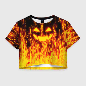 Женская футболка Cropp-top с принтом FIRE PUMPKIN в Тюмени, 100% полиэстер | круглая горловина, длина футболки до линии талии, рукава с отворотами | fire | halloween | искры | огонь | праздник | тыква | хэллоуин