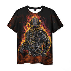 Мужская футболка 3D с принтом Пожарный в Тюмени, 100% полиэфир | прямой крой, круглый вырез горловины, длина до линии бедер | 112 | каска | мужик | мчс | огонь | пламя | пожар | пожарник | спасатель | топор | тушить | шлем | щит
