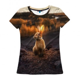 Женская футболка 3D с принтом Солнечный зайчик в Тюмени, 100% полиэфир ( синтетическое хлопкоподобное полотно) | прямой крой, круглый вырез горловины, длина до линии бедер | заяц | кролик | лес | пейзаж | поле | природа | пушистый | солнце | уши