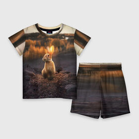 Детский костюм с шортами 3D с принтом Солнечный зайчик в Тюмени,  |  | Тематика изображения на принте: заяц | кролик | лес | пейзаж | поле | природа | пушистый | солнце | уши