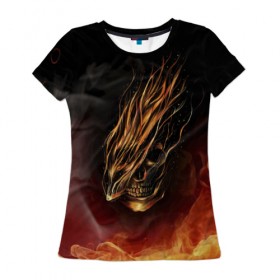 Женская футболка 3D с принтом Огненный Череп в Тюмени, 100% полиэфир ( синтетическое хлопкоподобное полотно) | прямой крой, круглый вырез горловины, длина до линии бедер | 