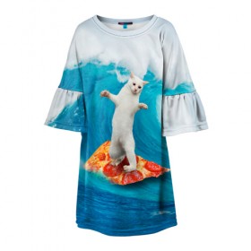 Детское платье 3D с принтом Кот Серфер в Тюмени, 100% полиэстер | прямой силуэт, чуть расширенный к низу. Круглая горловина, на рукавах — воланы | cat | fast | fastfood | food | meme | party | pizza | sea | serf | wave | вечеринка | волна | еда | кошак | кошка | мем | море | пицца | серф | фастфуд