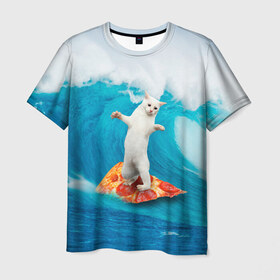 Мужская футболка 3D с принтом Кот Серфер в Тюмени, 100% полиэфир | прямой крой, круглый вырез горловины, длина до линии бедер | cat | fast | fastfood | food | meme | party | pizza | sea | serf | wave | вечеринка | волна | еда | кошак | кошка | мем | море | пицца | серф | фастфуд