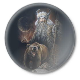 Значок с принтом Велес в Тюмени,  металл | круглая форма, металлическая застежка в виде булавки | ethnic | folk | runes | slav | велес | медведь | руны | русь | славяне | фолк | фольклор | этника | этно | язычество