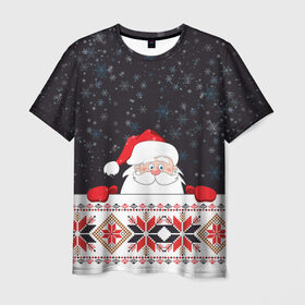 Мужская футболка 3D с принтом Дедушка Мороз в Тюмени, 100% полиэфир | прямой крой, круглый вырез горловины, длина до линии бедер | geometry | winter | геометрия | дед мороз | ёлки | зима | луна | новогоднее | новый год | новый год 2020 | олени | подарок | праздник | санки | санта клаус | снежинки | снежок | узоры | шапка санты клауса