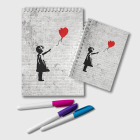 Блокнот с принтом Бэнкси Девочка с Шаром в Тюмени, 100% бумага | 48 листов, плотность листов — 60 г/м2, плотность картонной обложки — 250 г/м2. Листы скреплены удобной пружинной спиралью. Цвет линий — светло-серый
 | Тематика изображения на принте: art | balloon | banksy | culture | girl | graffity | heart | hearts | red | арт | бэнкси | граффити | девочка | девочка с шаром | красный | красным | культура | сердечки | сердечко | сердце | стрит | шар | шарик | шариком