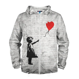 Мужская ветровка 3D с принтом Бэнкси: Девочка с Шаром в Тюмени, 100% полиэстер | подол и капюшон оформлены резинкой с фиксаторами, два кармана без застежек по бокам, один потайной карман на груди | Тематика изображения на принте: art | balloon | banksy | culture | girl | graffity | heart | hearts | red | арт | бэнкси | граффити | девочка | девочка с шаром | красный | красным | культура | сердечки | сердечко | сердце | стрит | шар | шарик | шариком