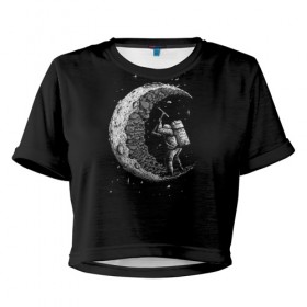 Женская футболка Cropp-top с принтом Астронавт формирует луну в Тюмени, 100% полиэстер | круглая горловина, длина футболки до линии талии, рукава с отворотами | землекоп | камни | кирка | космонавт | космос | луна | небо | ночь | руда. добыча | рудокоп. | скала | скафандр | шлем