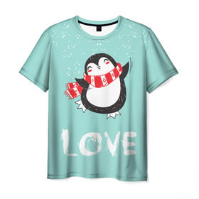 Мужская футболка 3D с принтом Пингвин LOVE в Тюмени, 100% полиэфир | прямой крой, круглый вырез горловины, длина до линии бедер | Тематика изображения на принте: linux | детская | зима | зимняя | лёд | новый год | пингвин | пингвин в снегу | пингвин в шарфе | пингвин любовь | пингвинчик | пингвины | северный полюс | снег | холод