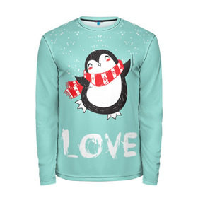 Мужской лонгслив 3D с принтом Пингвин LOVE в Тюмени, 100% полиэстер | длинные рукава, круглый вырез горловины, полуприлегающий силуэт | linux | детская | зима | зимняя | лёд | новый год | пингвин | пингвин в снегу | пингвин в шарфе | пингвин любовь | пингвинчик | пингвины | северный полюс | снег | холод