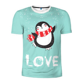 Мужская футболка 3D спортивная с принтом Пингвин LOVE в Тюмени, 100% полиэстер с улучшенными характеристиками | приталенный силуэт, круглая горловина, широкие плечи, сужается к линии бедра | Тематика изображения на принте: linux | детская | зима | зимняя | лёд | новый год | пингвин | пингвин в снегу | пингвин в шарфе | пингвин любовь | пингвинчик | пингвины | северный полюс | снег | холод