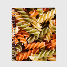 Тетрадь с принтом Макароны Спиральки в Тюмени, 100% бумага | 48 листов, плотность листов — 60 г/м2, плотность картонной обложки — 250 г/м2. Листы скреплены сбоку удобной пружинной спиралью. Уголки страниц и обложки скругленные. Цвет линий — светло-серый
 | Тематика изображения на принте: food | italy | pasta | spagetti | еда | едой | изображение | италия | картинка | макарон | макароны | макарошки | мука | мучное | паста | прикол | прикольные | спагетти | спиральки | фото | юмор