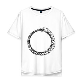 Мужская футболка хлопок Oversize с принтом Уроборос в Тюмени, 100% хлопок | свободный крой, круглый ворот, “спинка” длиннее передней части | алхимия | бесконечность | вечность | дракон | змей | мифология | символ | уроборос | эпос