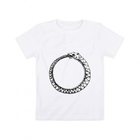 Детская футболка хлопок с принтом Уроборос в Тюмени, 100% хлопок | круглый вырез горловины, полуприлегающий силуэт, длина до линии бедер | алхимия | бесконечность | вечность | дракон | змей | мифология | символ | уроборос | эпос