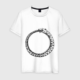Мужская футболка хлопок с принтом Уроборос в Тюмени, 100% хлопок | прямой крой, круглый вырез горловины, длина до линии бедер, слегка спущенное плечо. | алхимия | бесконечность | вечность | дракон | змей | мифология | символ | уроборос | эпос