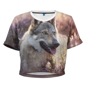 Женская футболка Cropp-top с принтом Волк в Тюмени, 100% полиэстер | круглая горловина, длина футболки до линии талии, рукава с отворотами | Тематика изображения на принте: dog | взгляд | волк | лайка | собака | хаски
