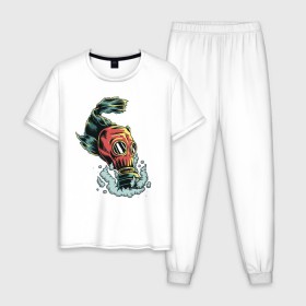 Мужская пижама хлопок с принтом Рыба в противогазе в Тюмени, 100% хлопок | брюки и футболка прямого кроя, без карманов, на брюках мягкая резинка на поясе и по низу штанин
 | море | озеро | противогаз | рыба | рыбалка