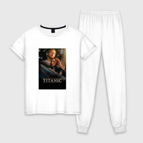Женская пижама хлопок с принтом Постер Титаник Джек и Роза в Тюмени, 100% хлопок | брюки и футболка прямого кроя, без карманов, на брюках мягкая резинка на поясе и по низу штанин | titanic | титаник