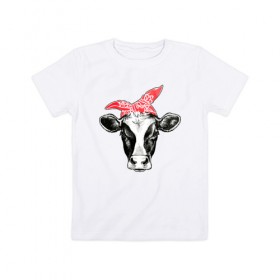 Детская футболка хлопок с принтом Корова в бандане в Тюмени, 100% хлопок | круглый вырез горловины, полуприлегающий силуэт, длина до линии бедер | бандана. косынка. платок | бык | деревня | колхоз | молоко | село | совхоз | теленок