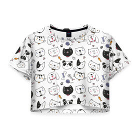 Женская футболка 3D укороченная с принтом Зверушки в Тюмени, 100% полиэстер | круглая горловина, длина футболки до линии талии, рукава с отворотами | кот | кошка | медведь | панда | пес | поросенок | свинья | собака