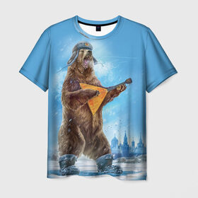 Мужская футболка 3D с принтом Мишка с балалайкой в Тюмени, 100% полиэфир | прямой крой, круглый вырез горловины, длина до линии бедер | балалайка | валенки | звезда | зима | злой | медведь | рёв | россии | русь | сибирь | снег | столица | ушанка