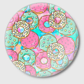 Значок с принтом Сладкие Пончики в Тюмени,  металл | круглая форма, металлическая застежка в виде булавки | deliciouse | dunt | eat | kawaii | sweets | вкусняшки | десерт | еда | кавай | пончик | сладкое | сладости