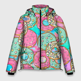 Мужская зимняя куртка 3D с принтом Сладкие Пончики в Тюмени, верх — 100% полиэстер; подкладка — 100% полиэстер; утеплитель — 100% полиэстер | длина ниже бедра, свободный силуэт Оверсайз. Есть воротник-стойка, отстегивающийся капюшон и ветрозащитная планка. 

Боковые карманы с листочкой на кнопках и внутренний карман на молнии. | deliciouse | dunt | eat | kawaii | sweets | вкусняшки | десерт | еда | кавай | пончик | сладкое | сладости