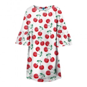 Детское платье 3D с принтом Вишневое настроение в Тюмени, 100% полиэстер | прямой силуэт, чуть расширенный к низу. Круглая горловина, на рукавах — воланы | весна | вишня | красный | лето | листья | ягода
