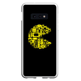 Чехол для Samsung S10E с принтом Pac-Man в Тюмени, Силикон | Область печати: задняя сторона чехла, без боковых панелей | Тематика изображения на принте: game | gamer | gaming | nds | nintendo | pac man | ps3 | ps4 | psp | wii | xbox | аркада | джойстик | игра | игровая приставка | игры | классика игр | контроллер | пакман