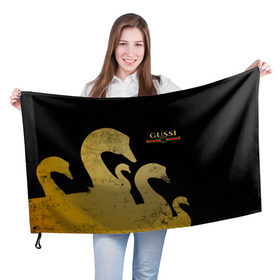 Флаг 3D с принтом GUSSI GOLD в Тюмени, 100% полиэстер | плотность ткани — 95 г/м2, размер — 67 х 109 см. Принт наносится с одной стороны | fasion | gold | gucci | gussi | trend | гусси | гуччи | золото | золотой | мода | одежда | тренд | тренды