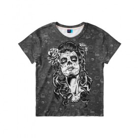 Детская футболка 3D с принтом Sugar girl в Тюмени, 100% гипоаллергенный полиэфир | прямой крой, круглый вырез горловины, длина до линии бедер, чуть спущенное плечо, ткань немного тянется | death | dia | helloween | witch | праздник | хелоуин | хэллоуин | череп