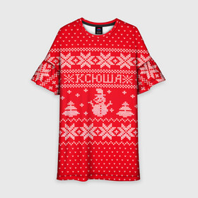 Детское платье 3D с принтом Новогодняя Ксюша в Тюмени, 100% полиэстер | прямой силуэт, чуть расширенный к низу. Круглая горловина, на рукавах — воланы | дед мороз | елка | зима | имена | кофта | ксения | ксюша | новогодний | новый год | оксана | свитер | снег | снеговик | снежинки | узор