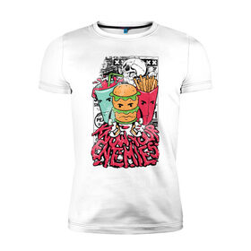 Мужская футболка премиум с принтом Angry Food в Тюмени, 92% хлопок, 8% лайкра | приталенный силуэт, круглый вырез ворота, длина до линии бедра, короткий рукав | Тематика изображения на принте: бургер | газировка | граффити | еда | картошка | крест | рок | череп