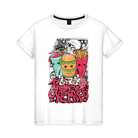 Женская футболка хлопок с принтом Angry Food в Тюмени, 100% хлопок | прямой крой, круглый вырез горловины, длина до линии бедер, слегка спущенное плечо | бургер | газировка | граффити | еда | картошка | крест | рок | череп