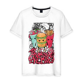 Мужская футболка хлопок с принтом Angry Food в Тюмени, 100% хлопок | прямой крой, круглый вырез горловины, длина до линии бедер, слегка спущенное плечо. | бургер | газировка | граффити | еда | картошка | крест | рок | череп