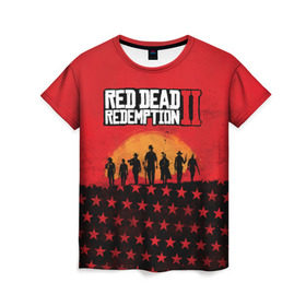 Женская футболка 3D с принтом Red Dead Redemption 2 в Тюмени, 100% полиэфир ( синтетическое хлопкоподобное полотно) | прямой крой, круглый вырез горловины, длина до линии бедер | dead | die | flag | game | games | gta | rdr | rdr2 | red | redemption | rockstar | sun | sunset | western | вестерн | выкуп | гта | дикий | закат | запад | игра | игры | красный | мертвый | поле | рдр | рдр2 | рокстар | солнце