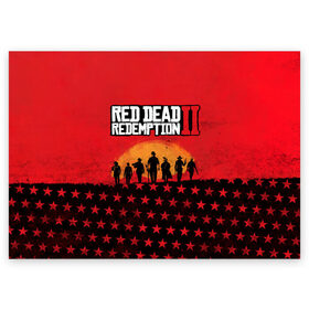 Поздравительная открытка с принтом Red Dead Redemption 2 в Тюмени, 100% бумага | плотность бумаги 280 г/м2, матовая, на обратной стороне линовка и место для марки
 | Тематика изображения на принте: dead | die | flag | game | games | gta | rdr | rdr2 | red | redemption | rockstar | sun | sunset | western | вестерн | выкуп | гта | дикий | закат | запад | игра | игры | красный | мертвый | поле | рдр | рдр2 | рокстар | солнце
