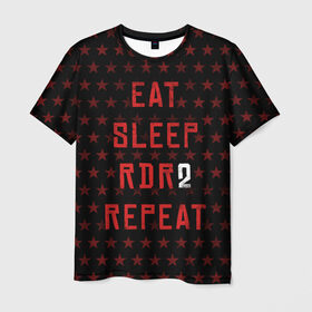 Мужская футболка 3D с принтом Eat Sleep RDR2 Repeat в Тюмени, 100% полиэфир | прямой крой, круглый вырез горловины, длина до линии бедер | Тематика изображения на принте: dead | die | eat | flag | game | games | gta | rdr | rdr2 | red | redemption | repeat | rockstar | sleep | sun | western | вестерн | выкуп | гта | дикий | запад | игра | игры | красный | мертвый | рдр | рдр2 | рокстар | солнце