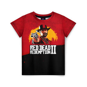 Детская футболка 3D с принтом Red Dead Redemption 2 в Тюмени, 100% гипоаллергенный полиэфир | прямой крой, круглый вырез горловины, длина до линии бедер, чуть спущенное плечо, ткань немного тянется | dead | die | flag | game | games | gta | rdr | rdr2 | red | redemption | rockstar | sun | sunset | western | вестерн | выкуп | гта | дикий | закат | запад | игра | игры | красный | мертвый | поле | рдр | рдр2 | рокстар | солнце