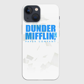 Чехол для iPhone 13 mini с принтом Dunder Mifflin (The Office) в Тюмени,  |  | Тематика изображения на принте: company | dunder | inc | mifflin | office | paper | the | бумага | бумаги | бумажная | дандер | компания | контора | корпорация | листочки | листы | лого | логотип | миффлин | офис | оффис | сериал | сериалы | символ | синий