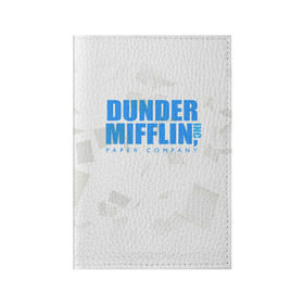 Обложка для паспорта матовая кожа с принтом Dunder Mifflin (The Office) в Тюмени, натуральная матовая кожа | размер 19,3 х 13,7 см; прозрачные пластиковые крепления | company | dunder | inc | mifflin | office | paper | the | бумага | бумаги | бумажная | дандер | компания | контора | корпорация | листочки | листы | лого | логотип | миффлин | офис | оффис | сериал | сериалы | символ | синий