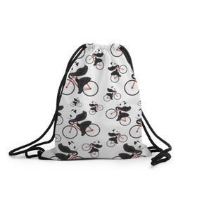 Рюкзак-мешок 3D с принтом Панды На Велосипеде в Тюмени, 100% полиэстер | плотность ткани — 200 г/м2, размер — 35 х 45 см; лямки — толстые шнурки, застежка на шнуровке, без карманов и подкладки | Тематика изображения на принте: велосипед | мишки | панда | паттерн