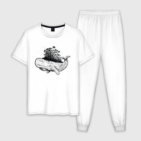 Мужская пижама хлопок с принтом Whale forest в Тюмени, 100% хлопок | брюки и футболка прямого кроя, без карманов, на брюках мягкая резинка на поясе и по низу штанин
 | Тематика изображения на принте: абстракция | кит | лес | природа