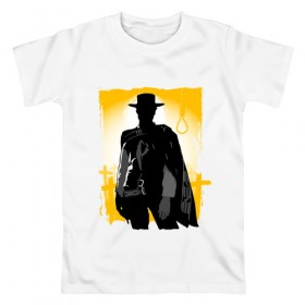 Мужская футболка хлопок с принтом Клинт Иствуд в Тюмени, 100% хлопок | прямой крой, круглый вырез горловины, длина до линии бедер, слегка спущенное плечо. | актер | вестерн | дикий запад | кино | клинт иствуд | ковбой | солнце | стрелок | человек | шляпа