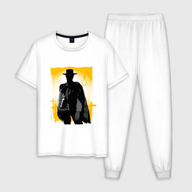 Мужская пижама хлопок с принтом Клинт Иствуд в Тюмени, 100% хлопок | брюки и футболка прямого кроя, без карманов, на брюках мягкая резинка на поясе и по низу штанин
 | актер | вестерн | дикий запад | кино | клинт иствуд | ковбой | солнце | стрелок | человек | шляпа