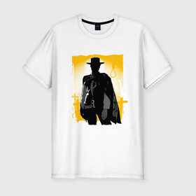 Мужская футболка премиум с принтом Клинт Иствуд в Тюмени, 92% хлопок, 8% лайкра | приталенный силуэт, круглый вырез ворота, длина до линии бедра, короткий рукав | актер | вестерн | дикий запад | кино | клинт иствуд | ковбой | солнце | стрелок | человек | шляпа