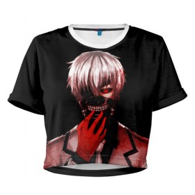 Женская футболка Cropp-top с принтом Ken Kaneki в Тюмени, 100% полиэстер | круглая горловина, длина футболки до линии талии, рукава с отворотами | anime | blood | eyepatch | ghoul | kaneki | ken | one eyed | tokyo | tokyoghoul | гуль | канеки | кен | кровь | одноглазый | токийский